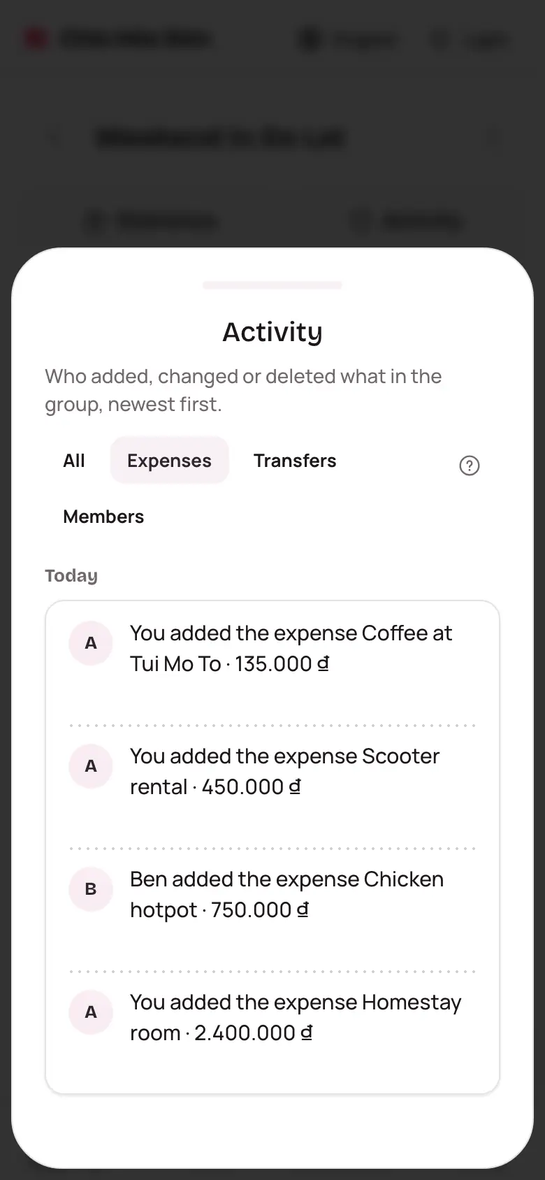 The Activity page with changes listed by day