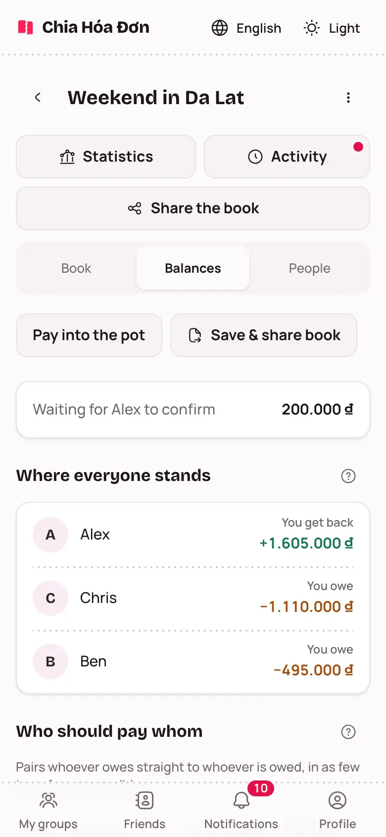 The Balances tab with Where everyone stands and Who should pay whom