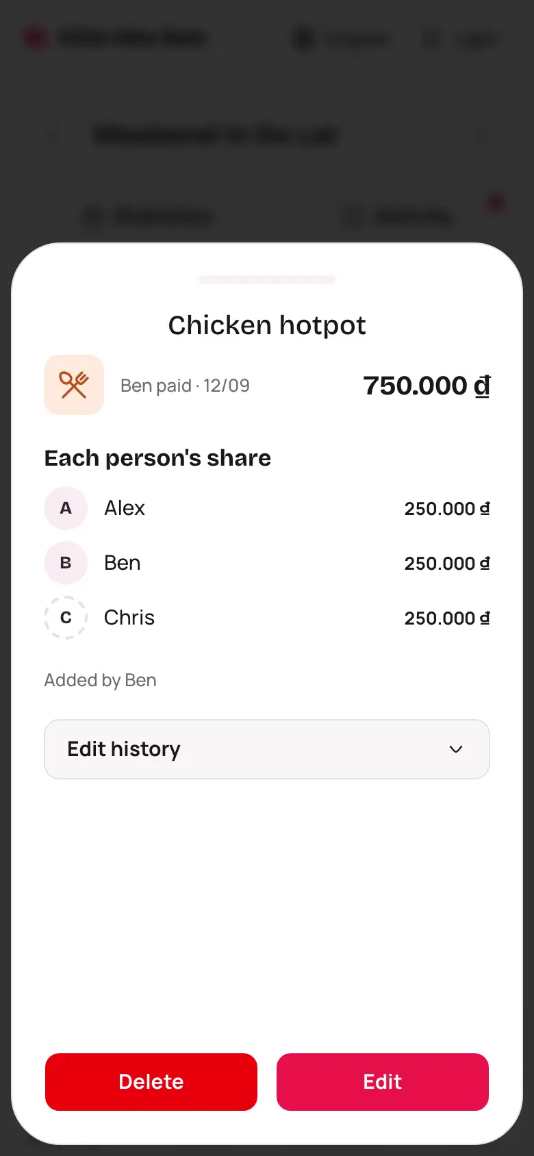 An expense's details with the Edit and Delete buttons