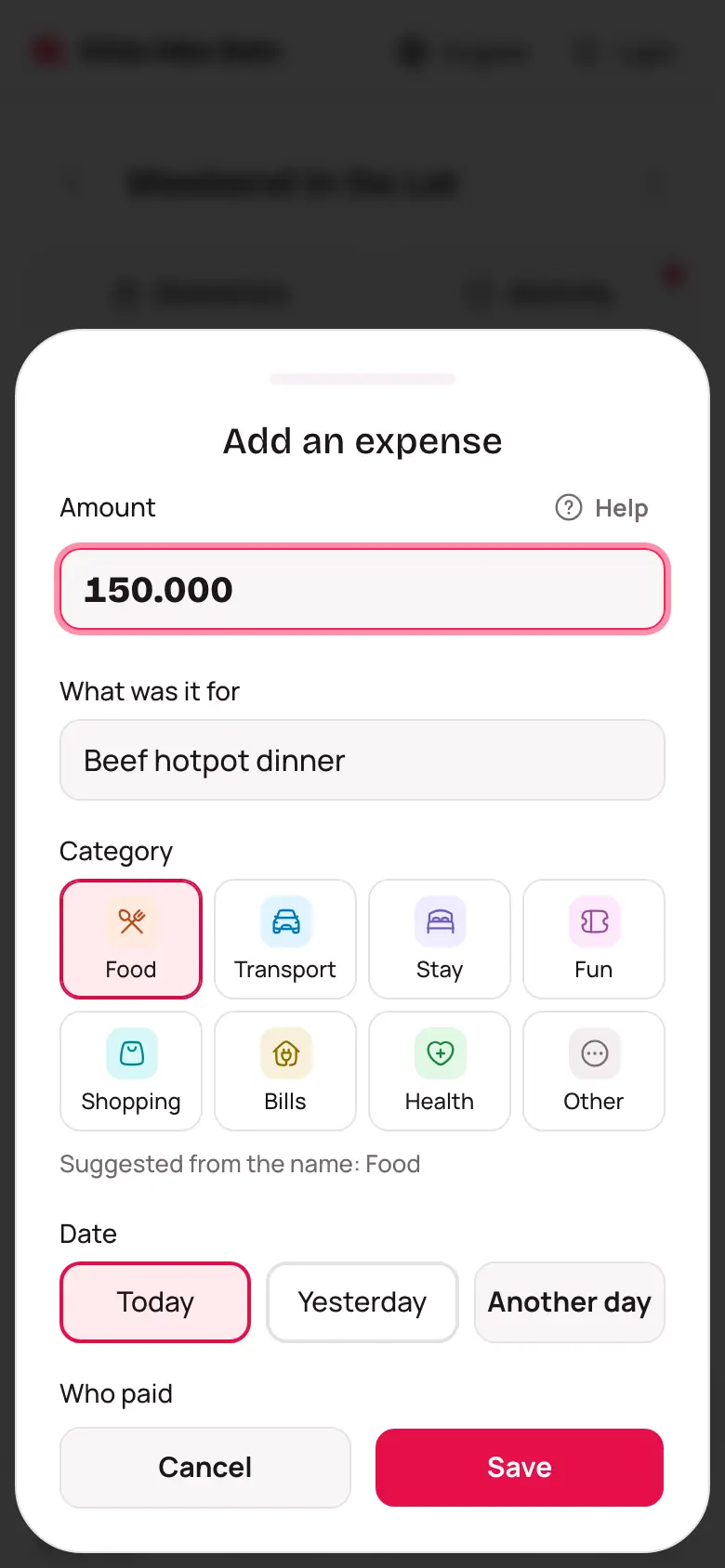 The Add an expense form with Amount, What was it for and Category