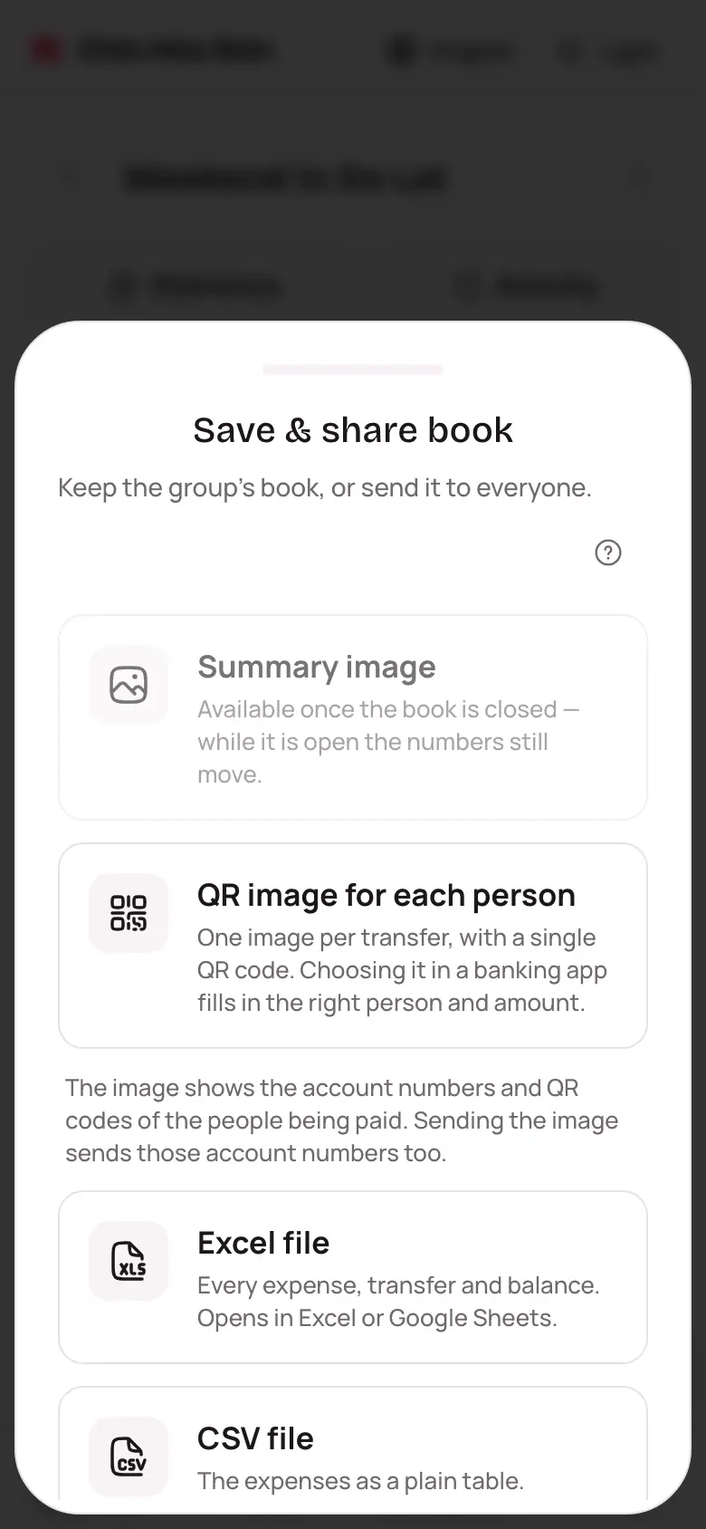 The Save & share book screen with Summary image, QR image for each person, Excel file and CSV file