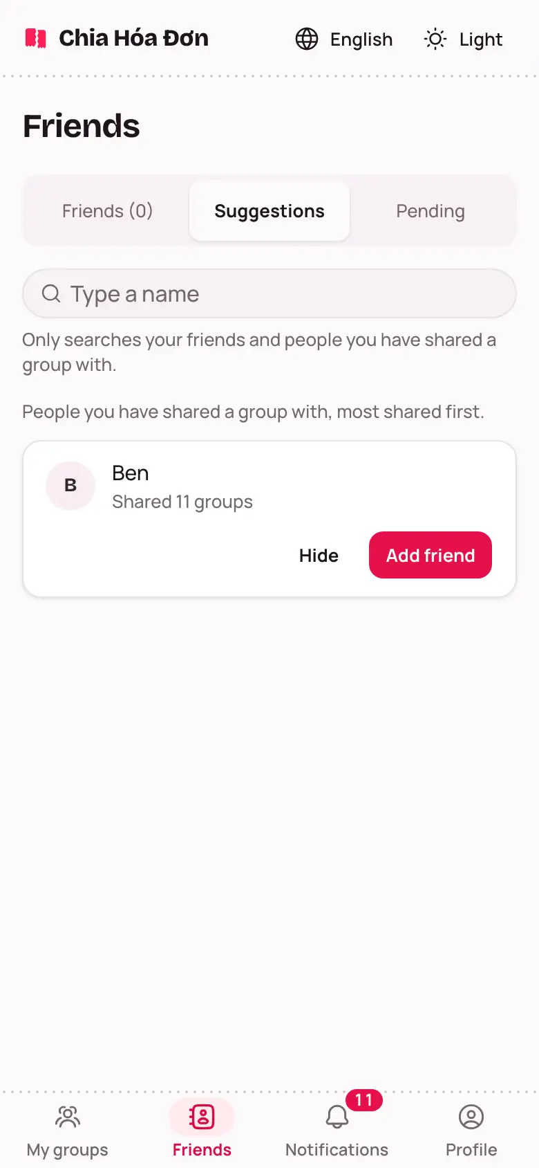 The Suggestions tab with people you have shared a group with, and Hide and Add friend buttons