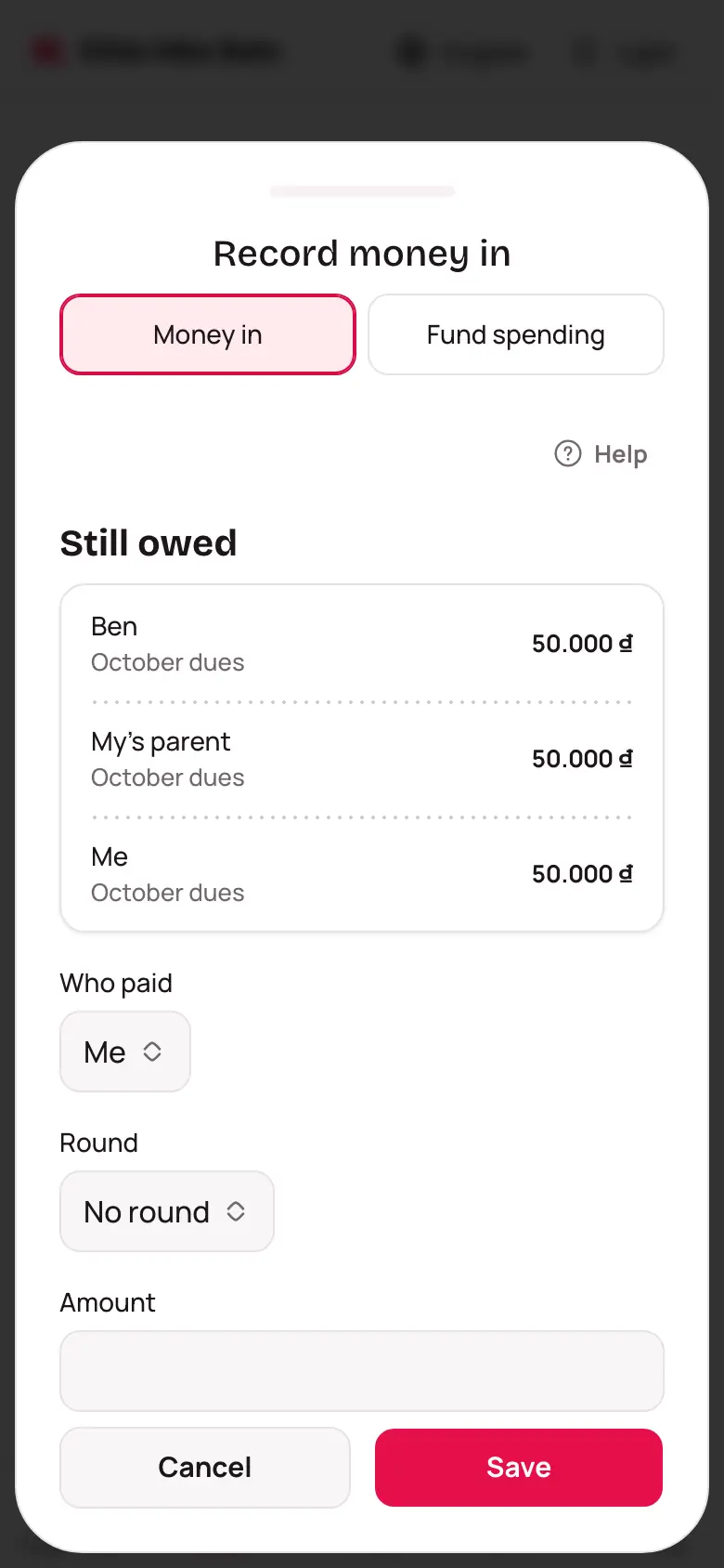 The Record money sheet with the Still owed list for a quick pick