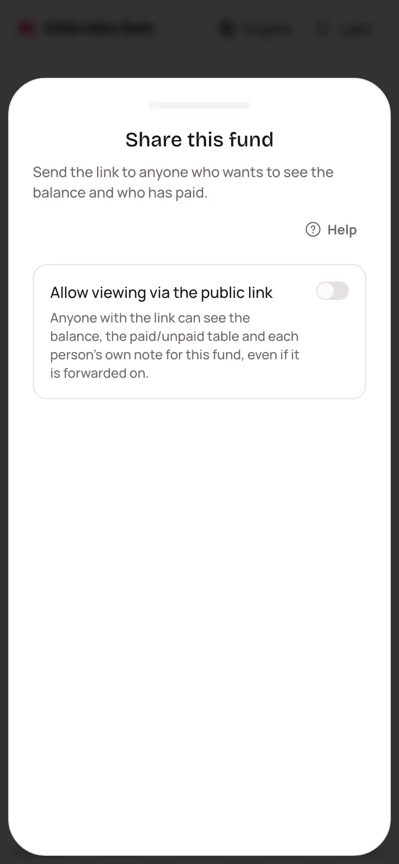 The Share group fund sheet with the Allow viewing via the public link switch