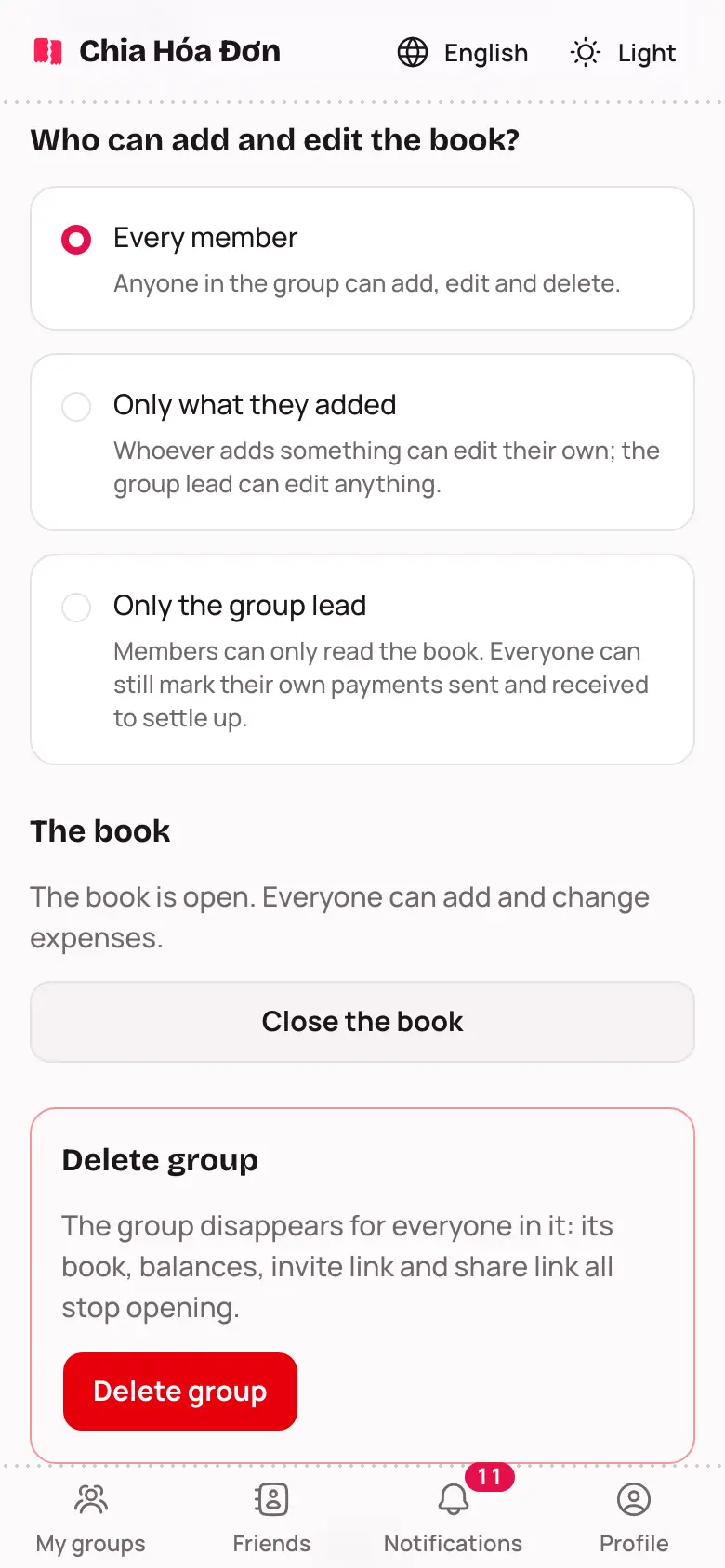 Group settings with Who can add and edit the book?
