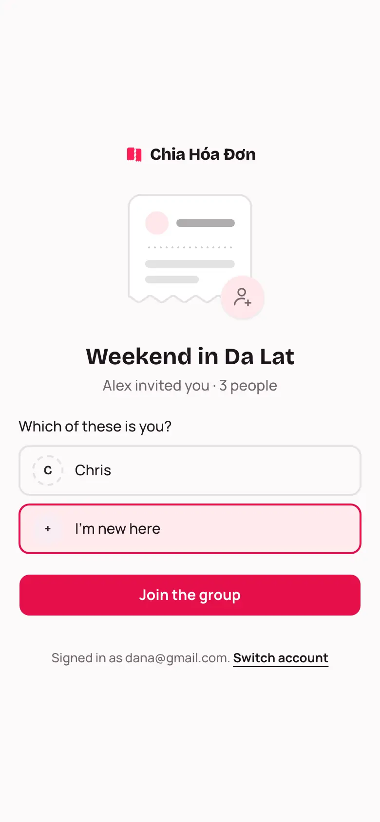 The invite page asking Which of these is you?