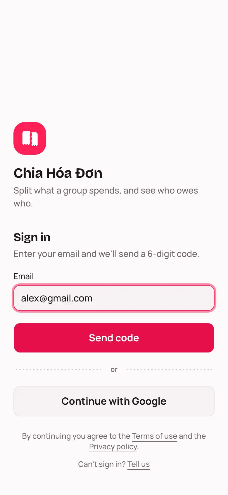 The Sign in screen with the Email field and the Send code button