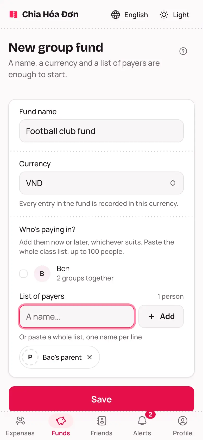 The New group fund screen with the Fund name field and Who's paying in?