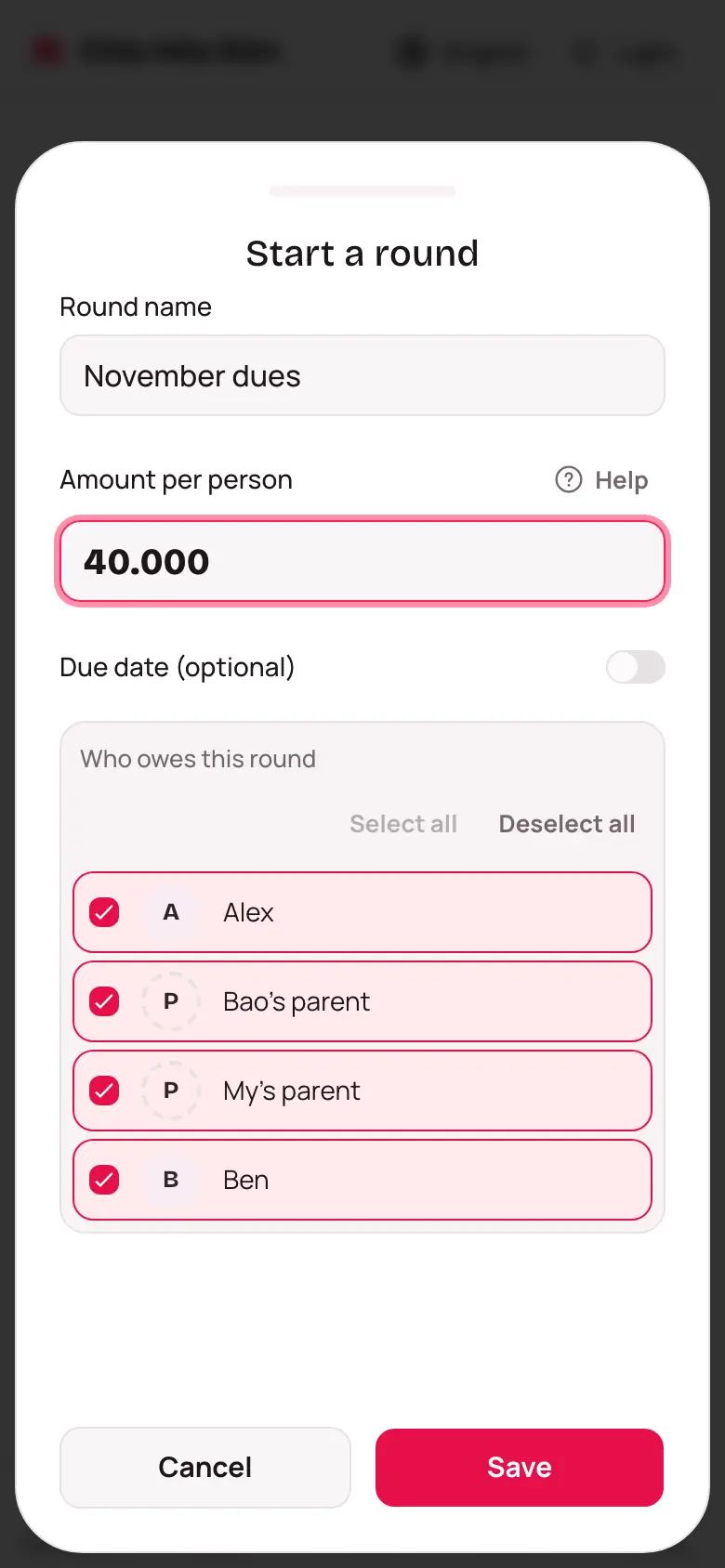 The Start a round screen with Round name, Amount per person and Who owes this round