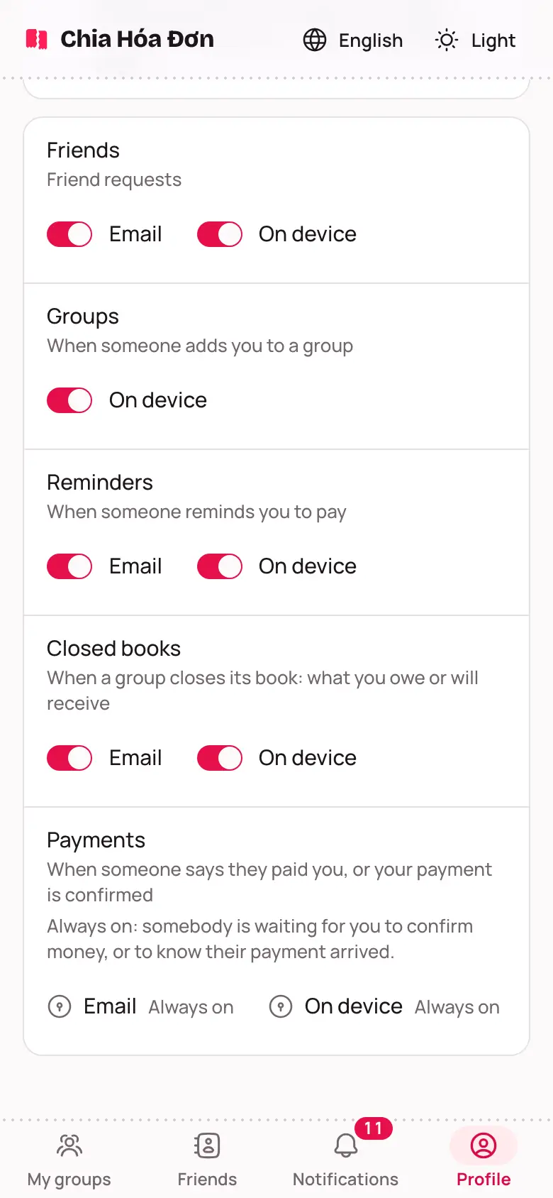 Notification settings with a switch for each kind
