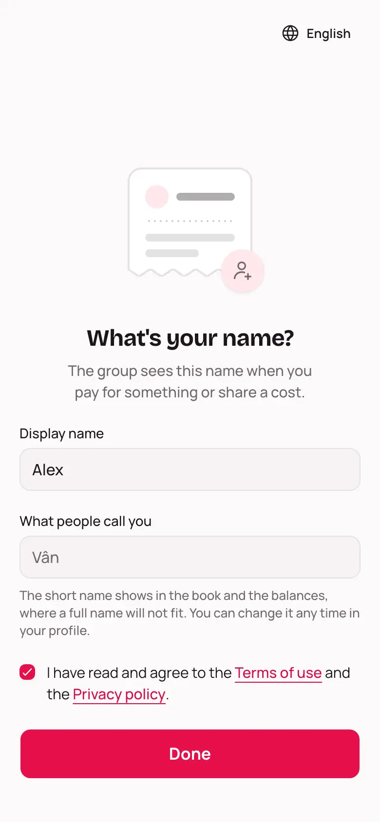 The What's your name? screen with the Display name field