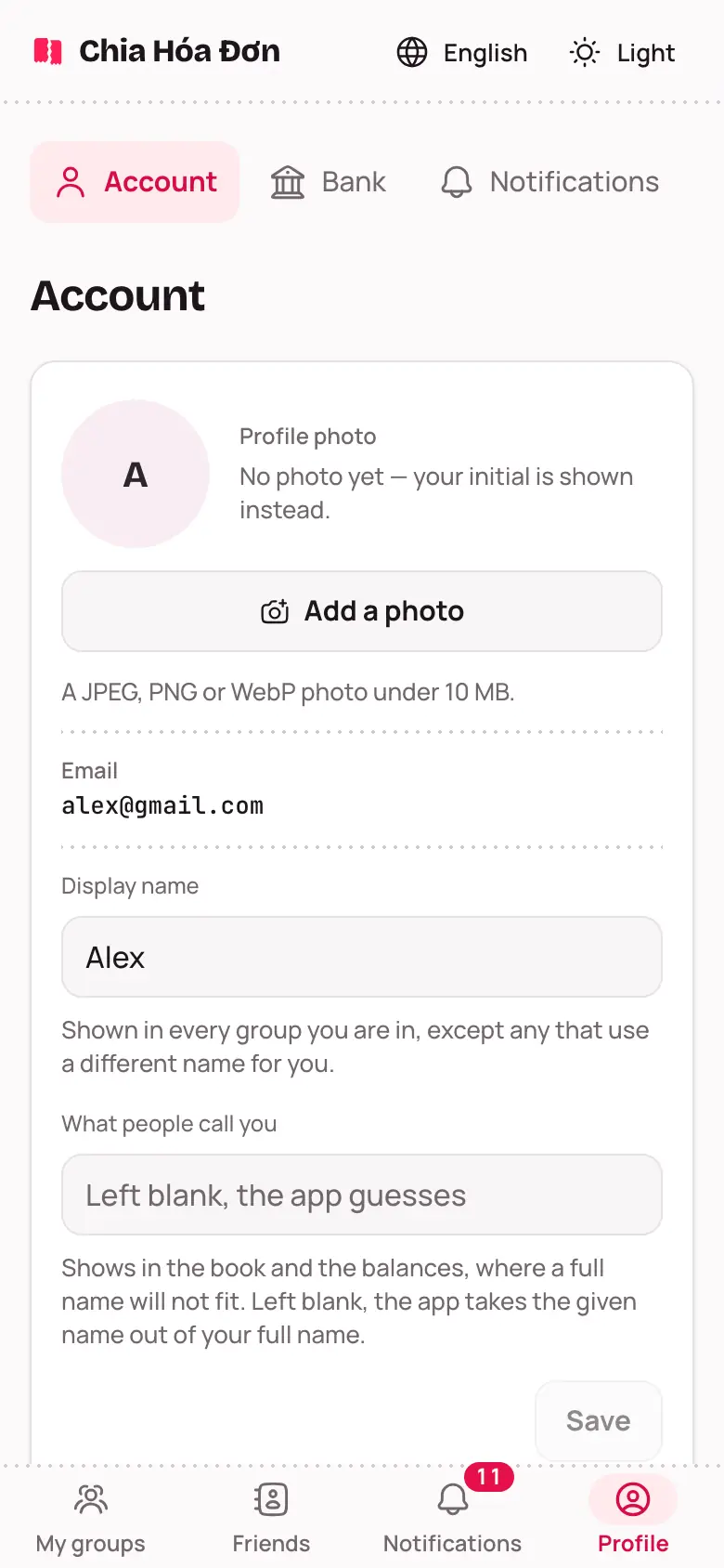 The Profile page, Account tab, with photo, email, display name and what people call you