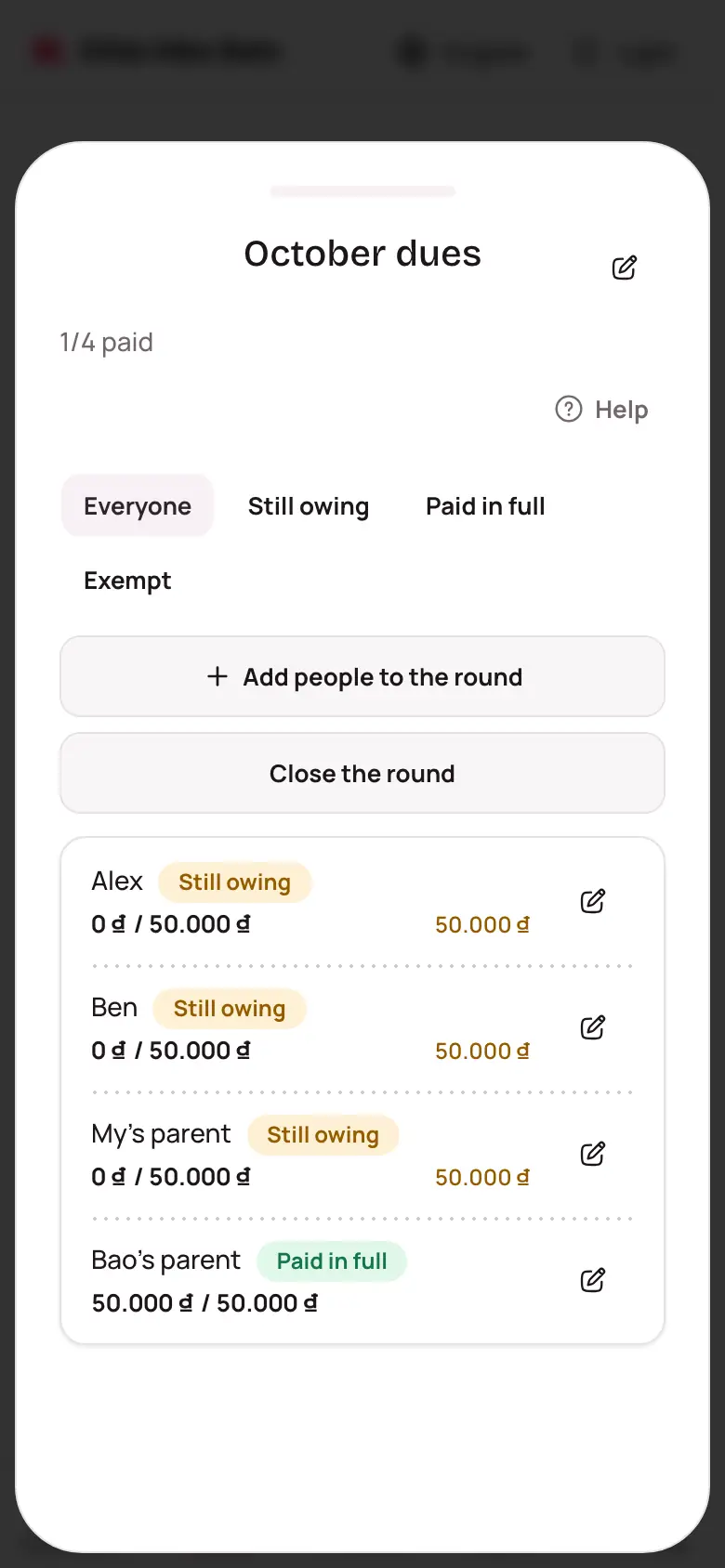 A round's paid / unpaid table, filtered by status