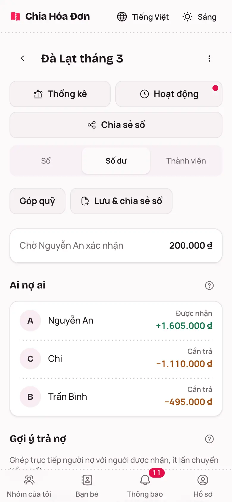 Tab Số dư với Ai nợ ai và Gợi ý trả nợ