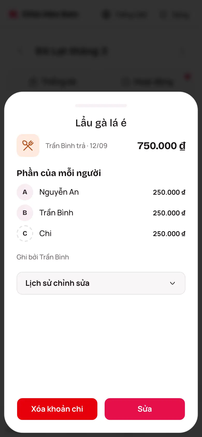 Chi tiết khoản chi với nút Sửa và Xóa khoản chi