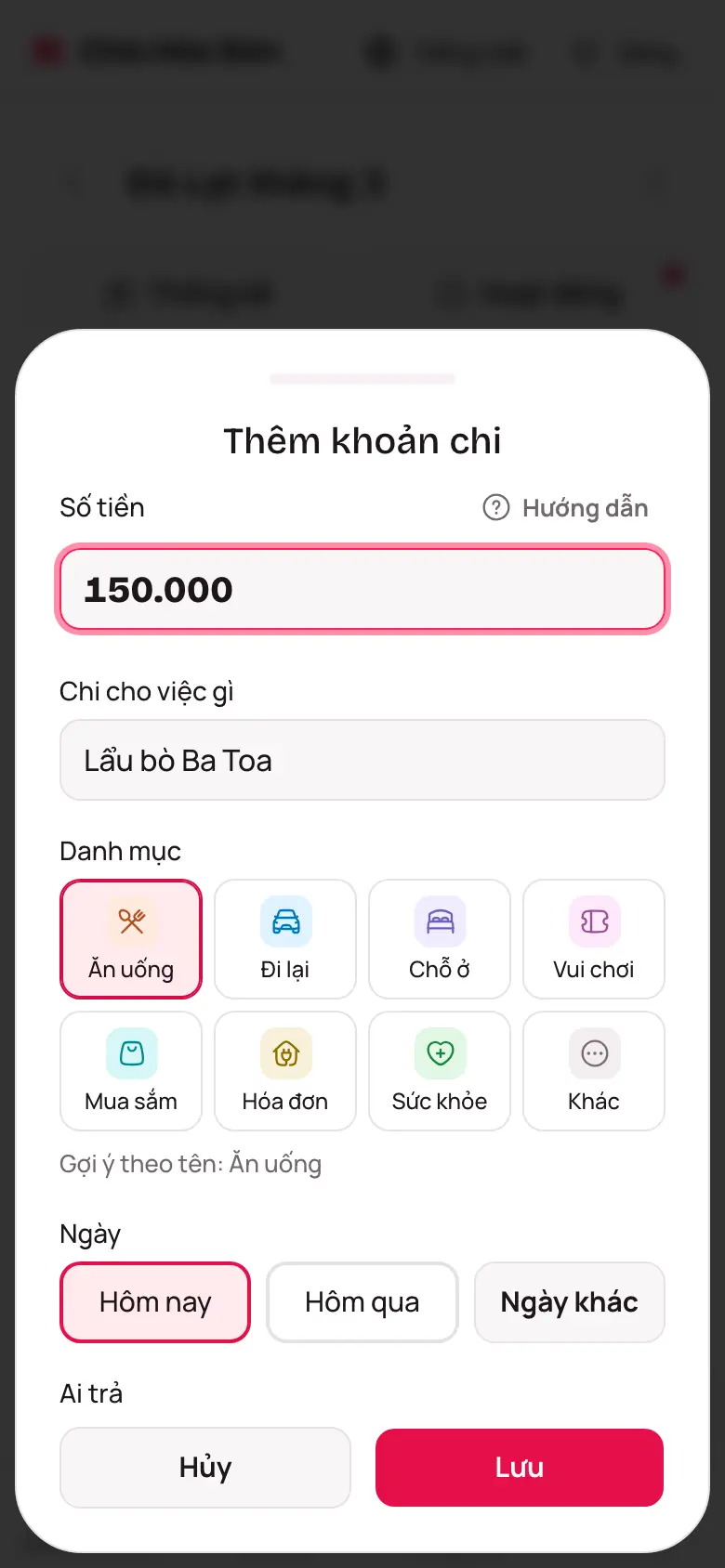 Form Thêm khoản chi với ô Số tiền, Chi cho việc gì và Danh mục