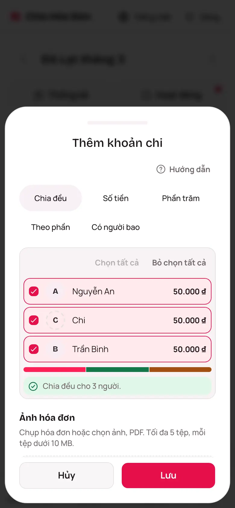 Phần Ai trả và Kiểu chia với danh sách người cùng chia
