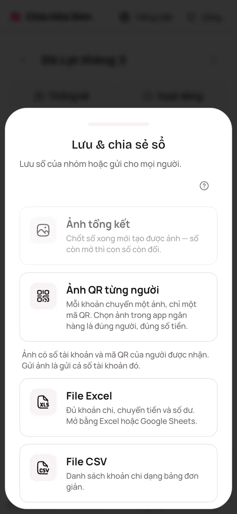 Màn hình Lưu & chia sẻ sổ với Ảnh tổng kết, Ảnh QR từng người, File Excel và File CSV