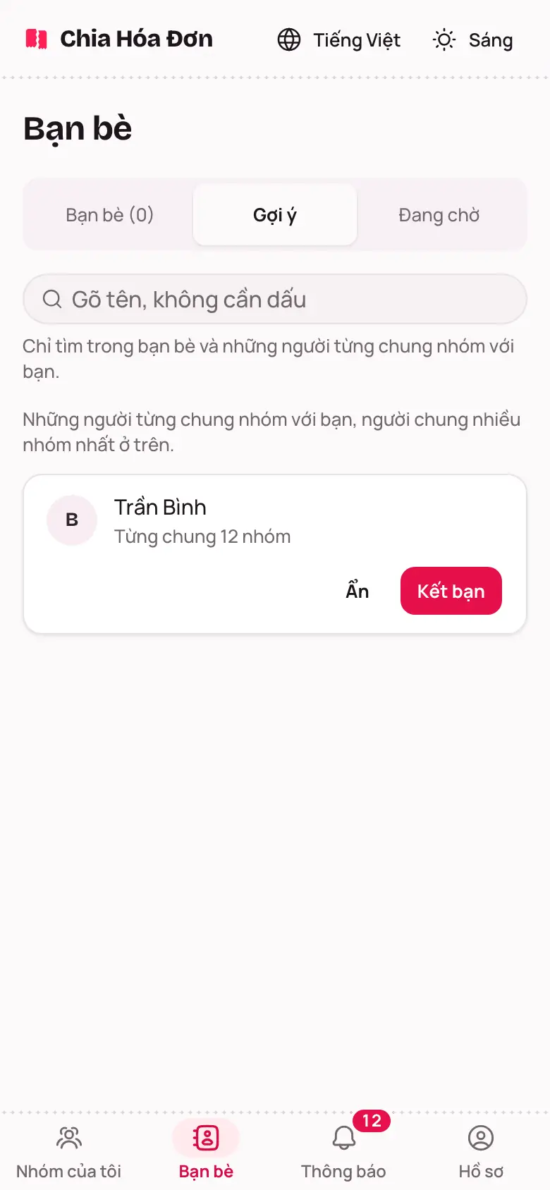 Tab Gợi ý với người từng chung nhóm và nút Ẩn, Kết bạn