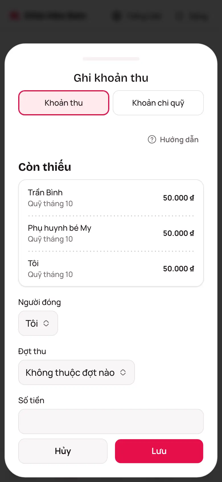 Sheet Ghi khoản thu chi với danh sách Còn thiếu để chọn nhanh