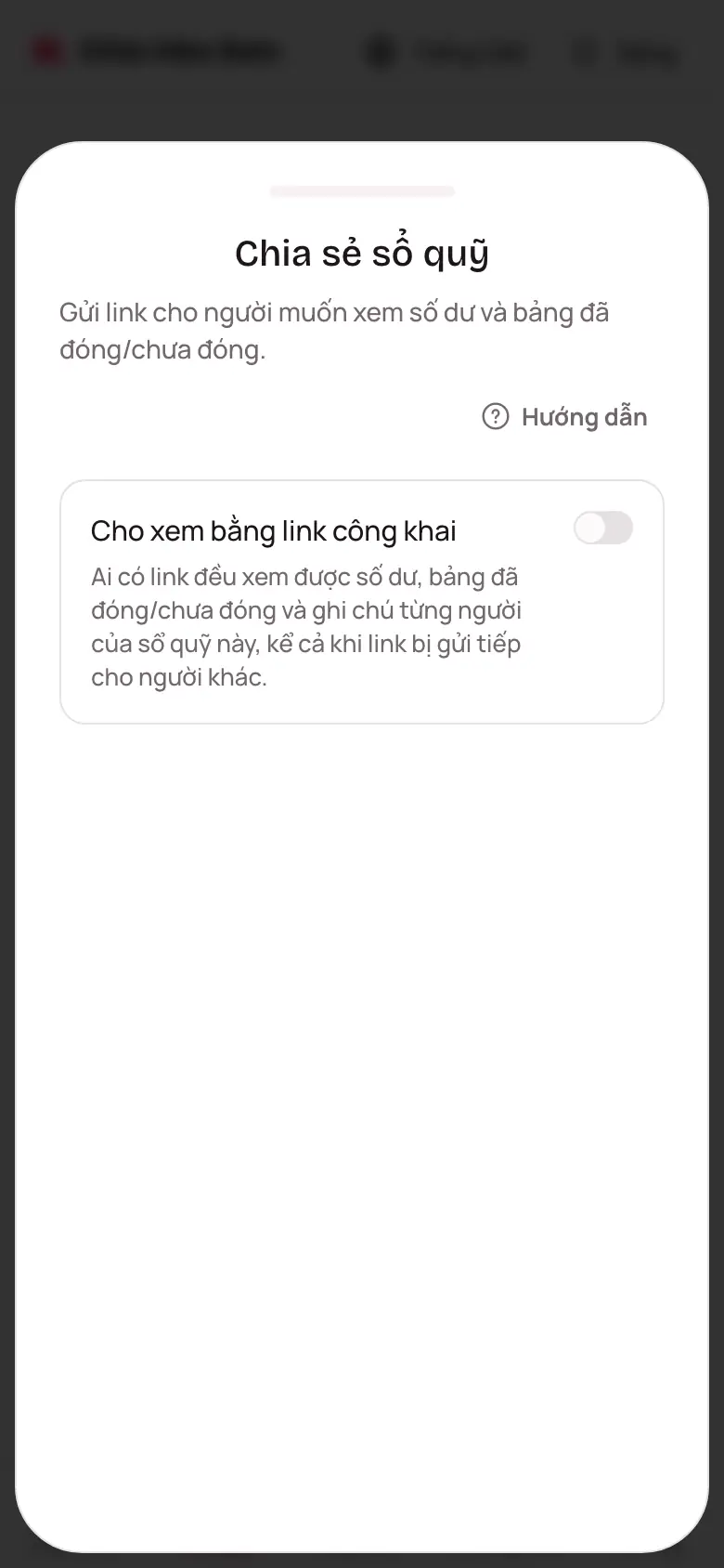 Sheet Chia sẻ sổ quỹ với công tắc Cho xem bằng link công khai