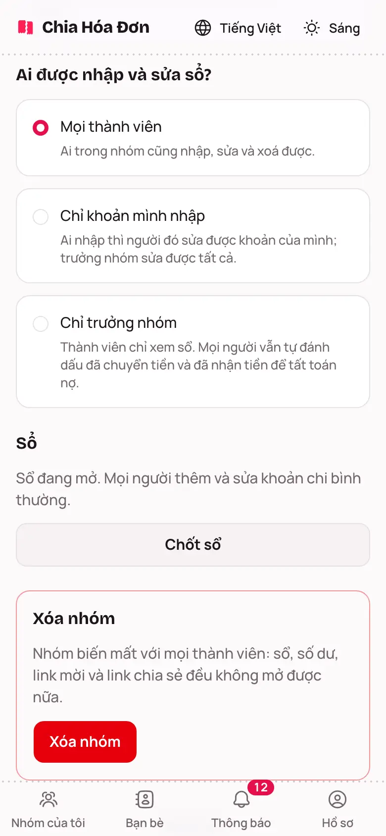 Cài đặt nhóm với mục Ai được nhập và sửa sổ?