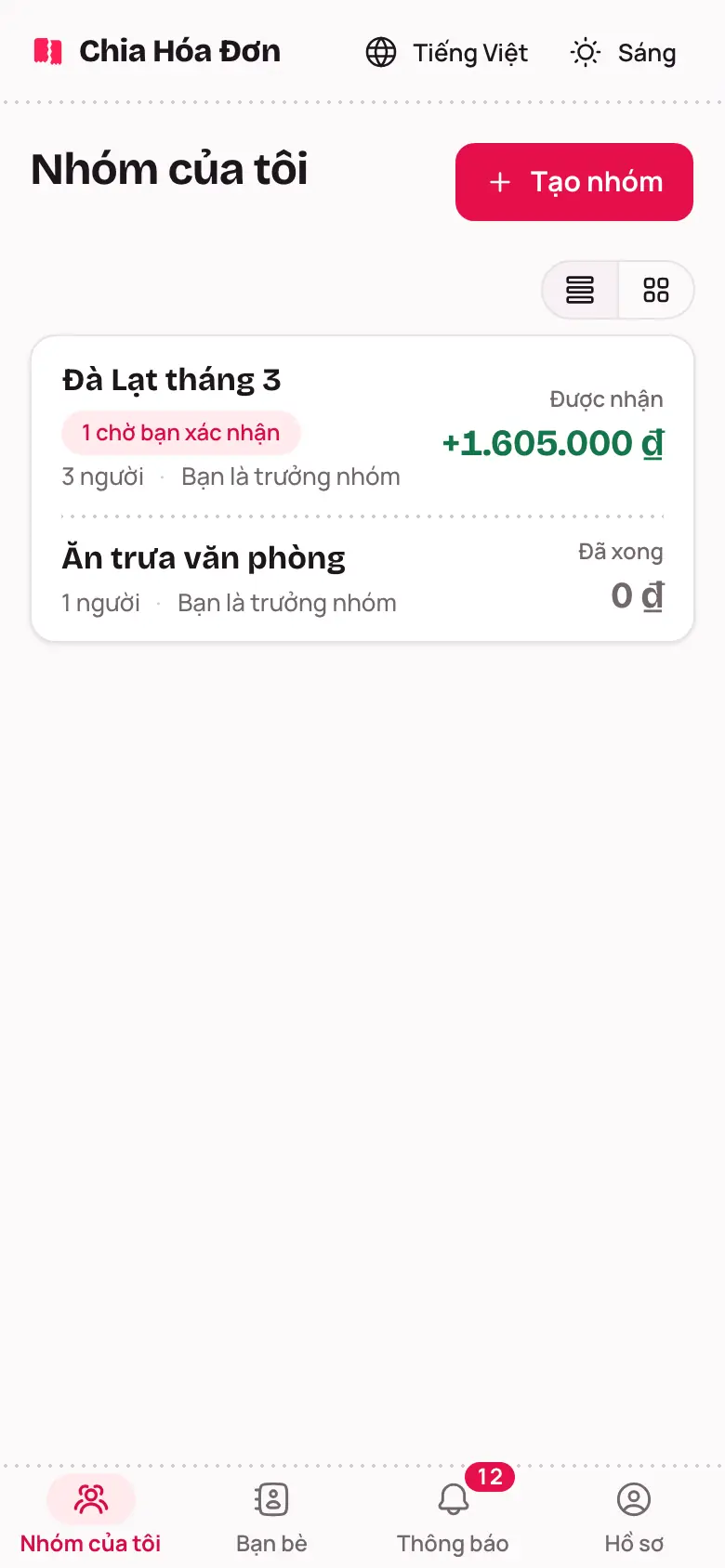 Trang Nhóm của tôi với danh sách nhóm và nút Tạo nhóm