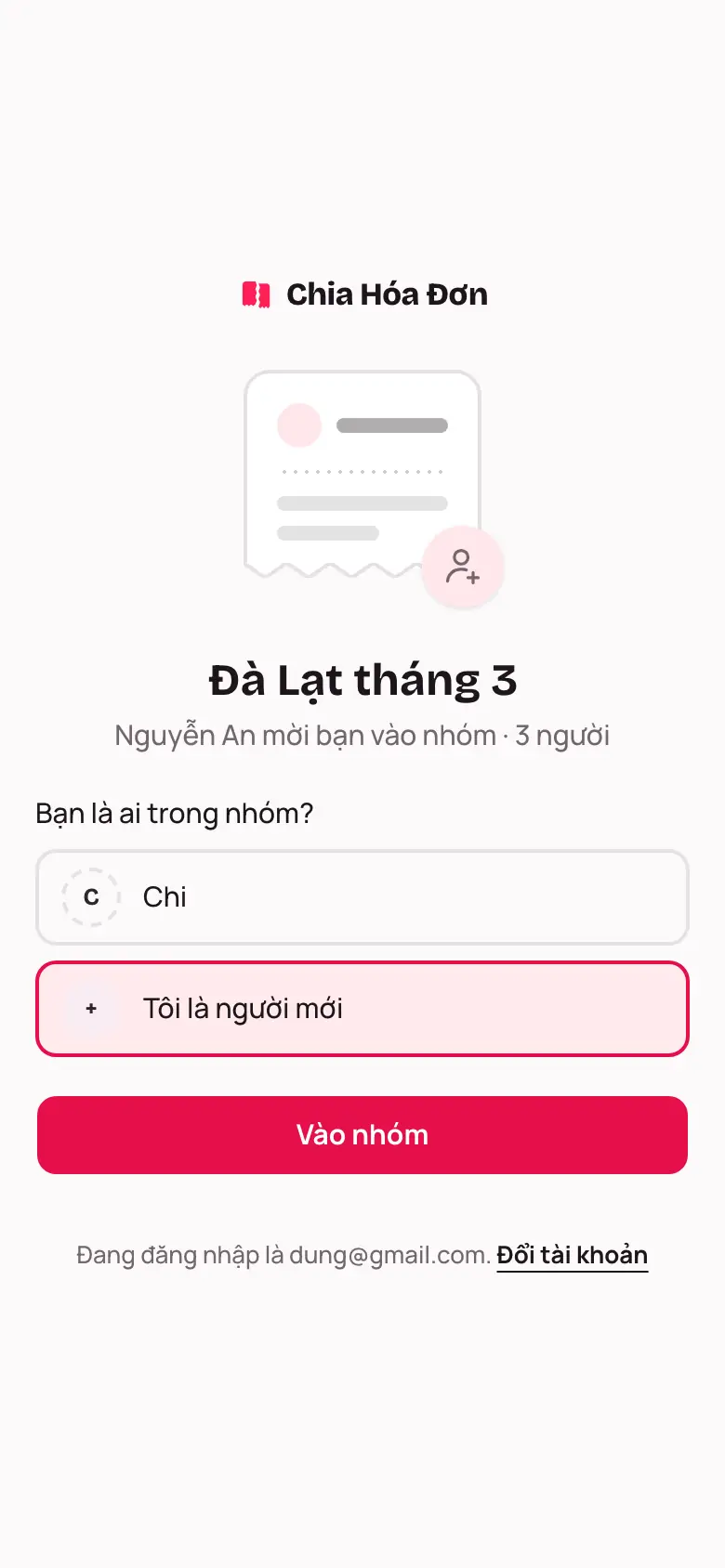 Trang mời vào nhóm với câu hỏi Bạn là ai trong nhóm?
