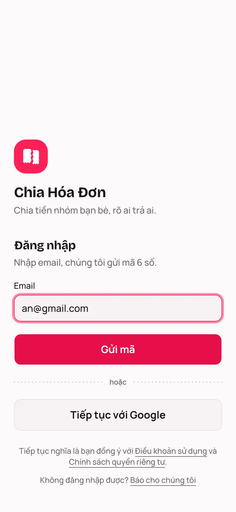 Màn hình Đăng nhập với ô Email và nút Gửi mã