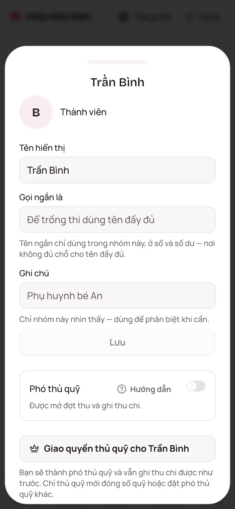 Sheet một thành viên với mục Phó thủ quỹ