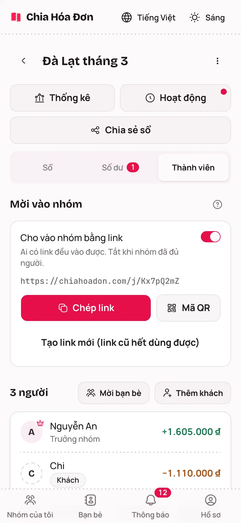 Tab Thành viên với thẻ Mời vào nhóm