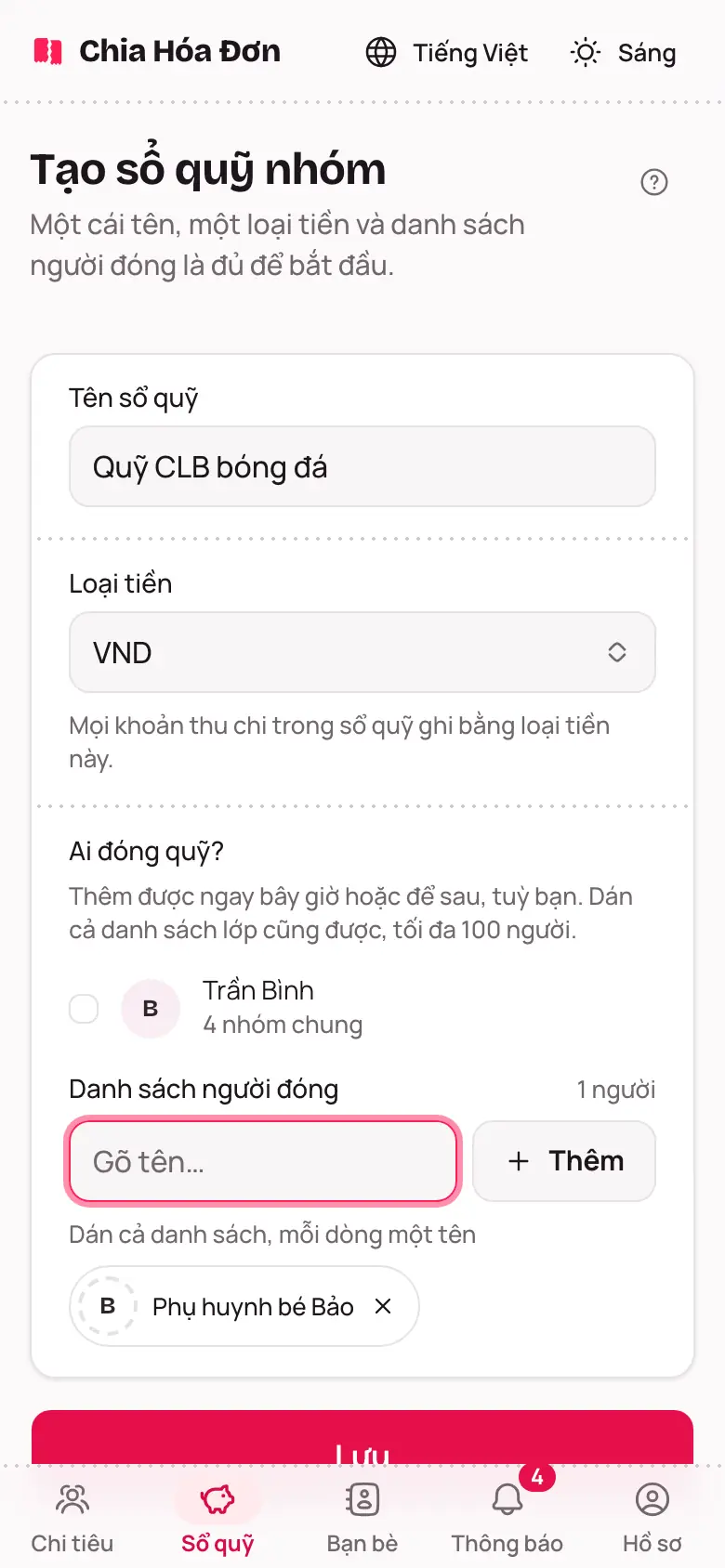 Màn hình Tạo sổ quỹ nhóm với ô Tên sổ quỹ và Ai đóng quỹ?