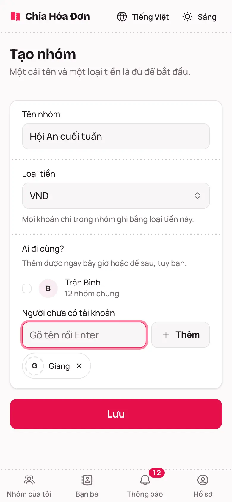 Màn hình Tạo nhóm với ô Tên nhóm và Ai đi cùng?