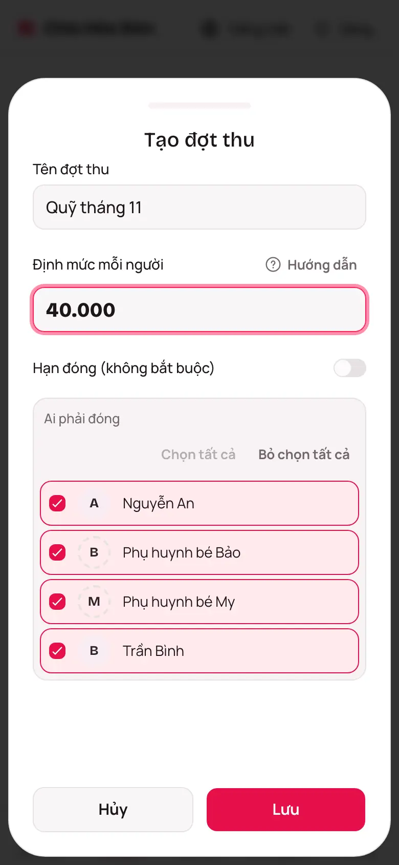 Màn hình Tạo đợt thu với Tên đợt thu, Định mức mỗi người và Ai phải đóng