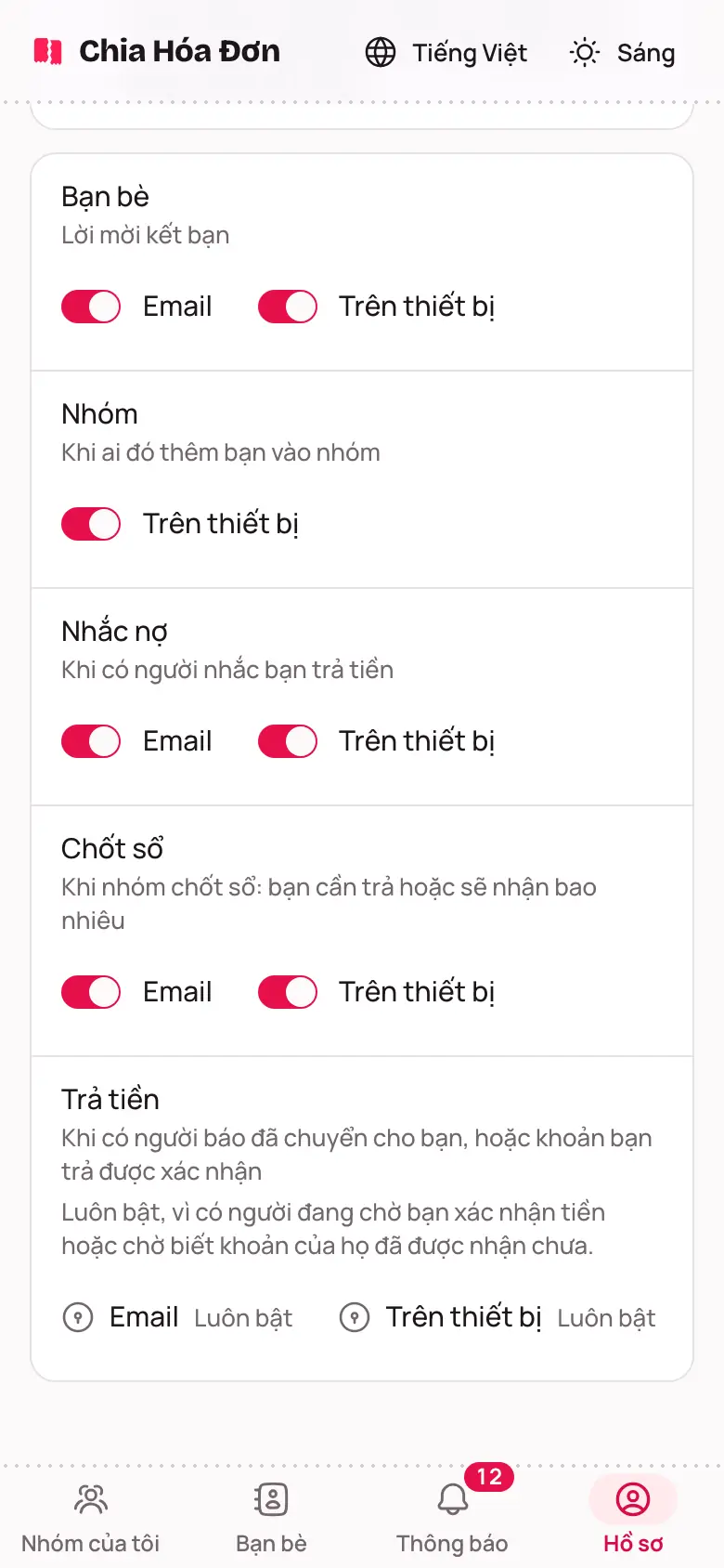 Mục Nhận thông báo với công tắc cho từng loại thông báo