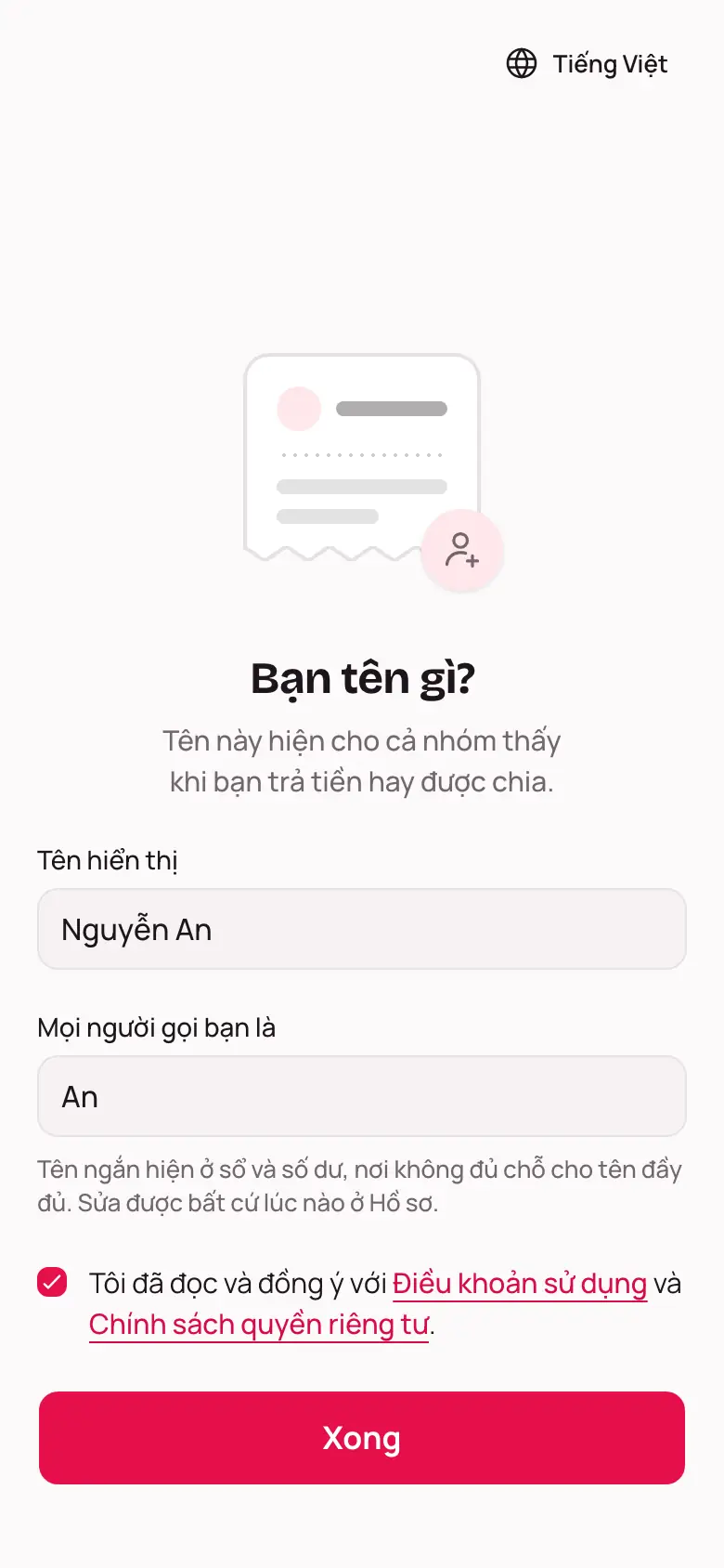Màn hình Bạn tên gì? với ô Tên hiển thị