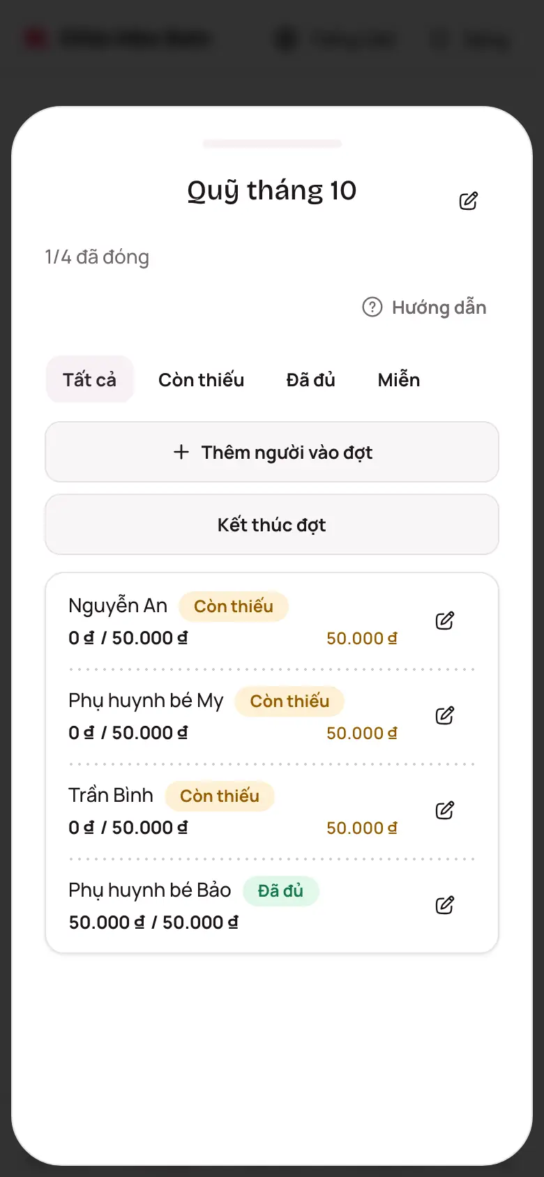 Bảng đã đóng, chưa đóng của một đợt thu, lọc theo trạng thái