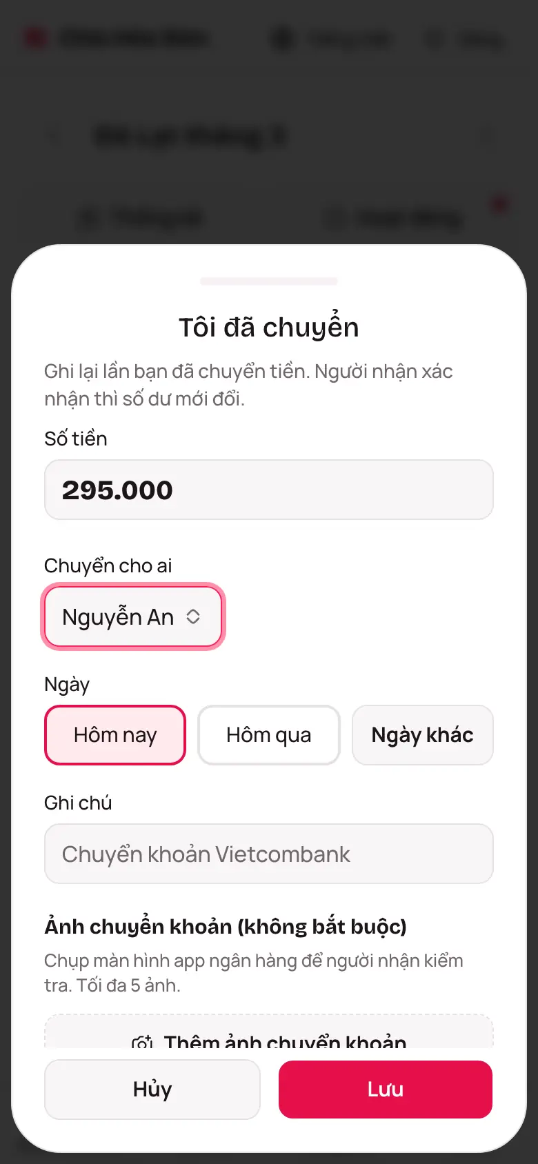 Màn hình Tôi đã chuyển với số tiền và người nhận