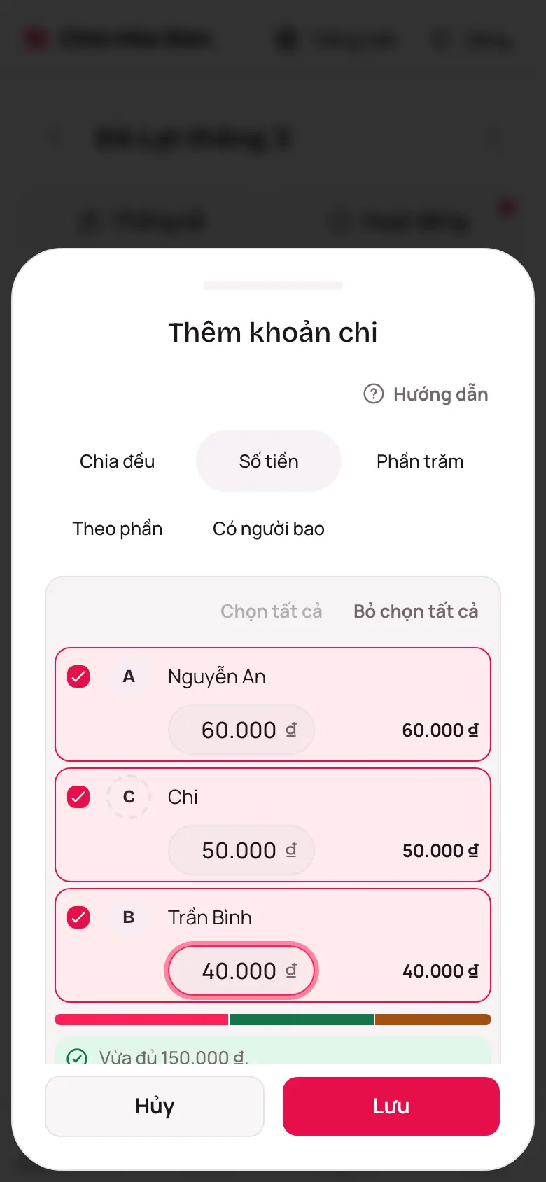 Kiểu chia Số tiền với ô nhập cạnh tên từng người